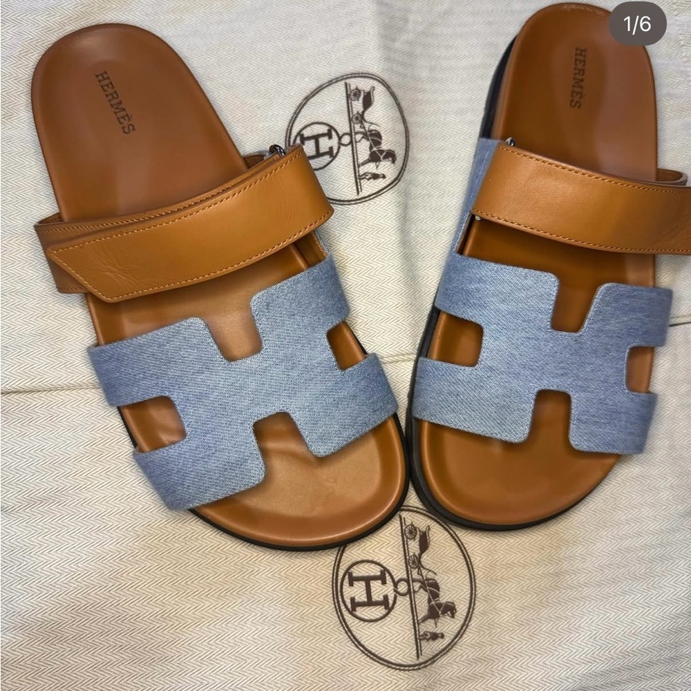 Hermes Leather and Denim Sandals